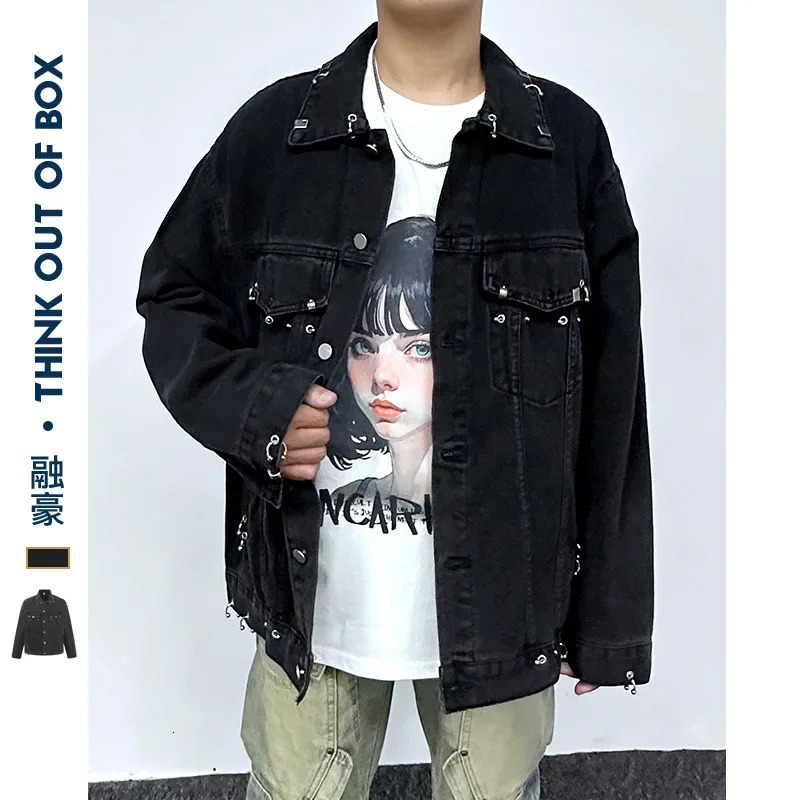 Fashionable mens casual denim jacket with loose fit and waterproof Distressed lace up knit 250408