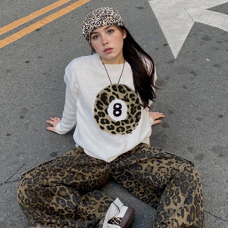 Women's color-blocked sports sweater, round-neck long-sleeve top, leopard print black eight pattern, for sports and outdoor activities---SSJ029