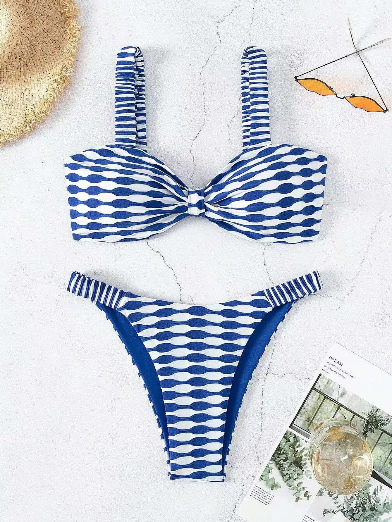 Dongdumaoyi Sexy Khaki Plaid Print Bikinis Sets Women Luxury Stripe Front Bow Push Up Micro Swimsuit Summer Bathing Suit Thong Swimwear