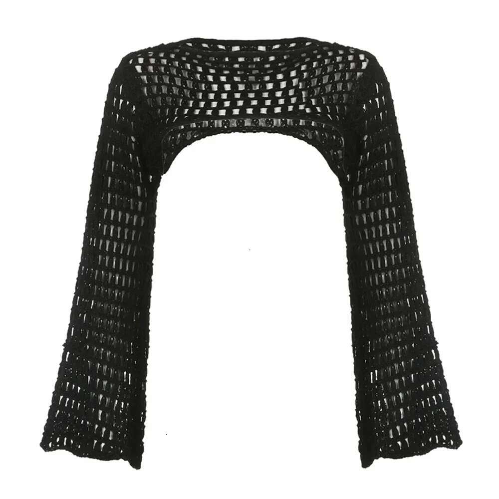 Y2k Crochet Knit Hollow Out Crop Top Long Flared Sleeve Shrug Sweater Mesh Cover Ups Cardigan Streetwear Pullover Women