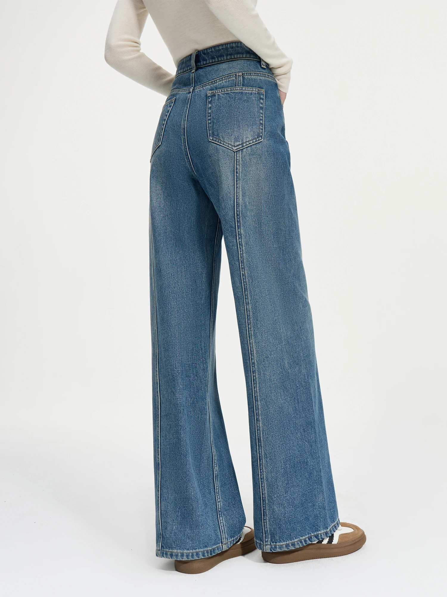 FSLE Womens Winter Thick Retro Denim Blue Long Jeans 100% Cotton Srtaight Casual Pants 24FS14294 250407