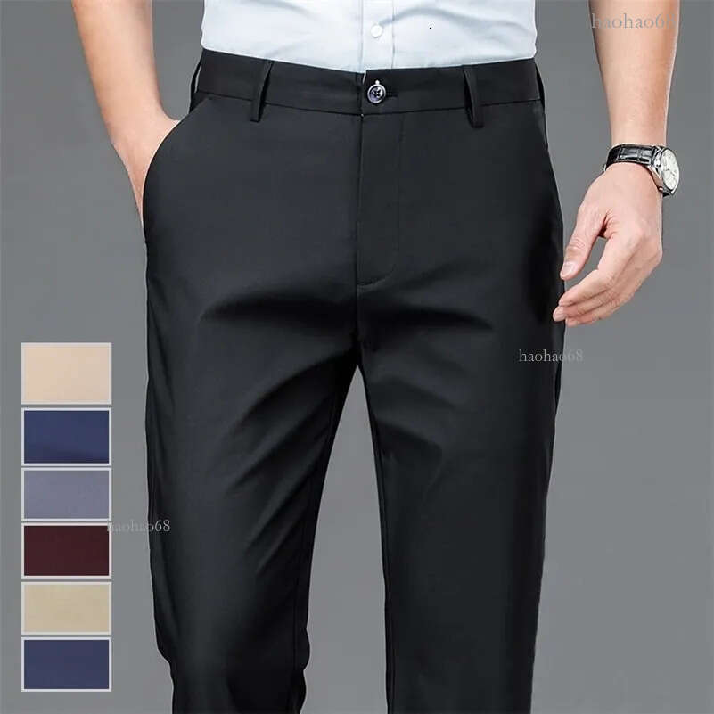 Mens long pants stretch pure black intelligent casual mens Trouser office quick drying set pants spring summer autumn Korean straight pants 240828
