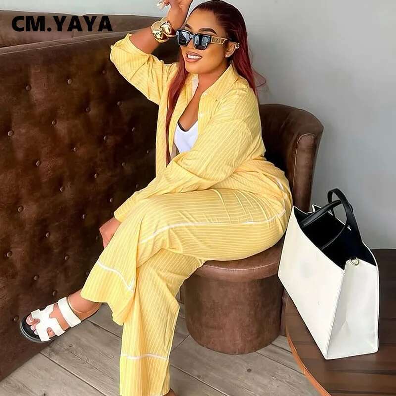 Cm.Yaya Fashion Striped Women's Set Long Sleeve Blouse Shirt Top And Wide Leg Pants 2025 Chic Two 2 Piece Sets Outfits Tracksuit