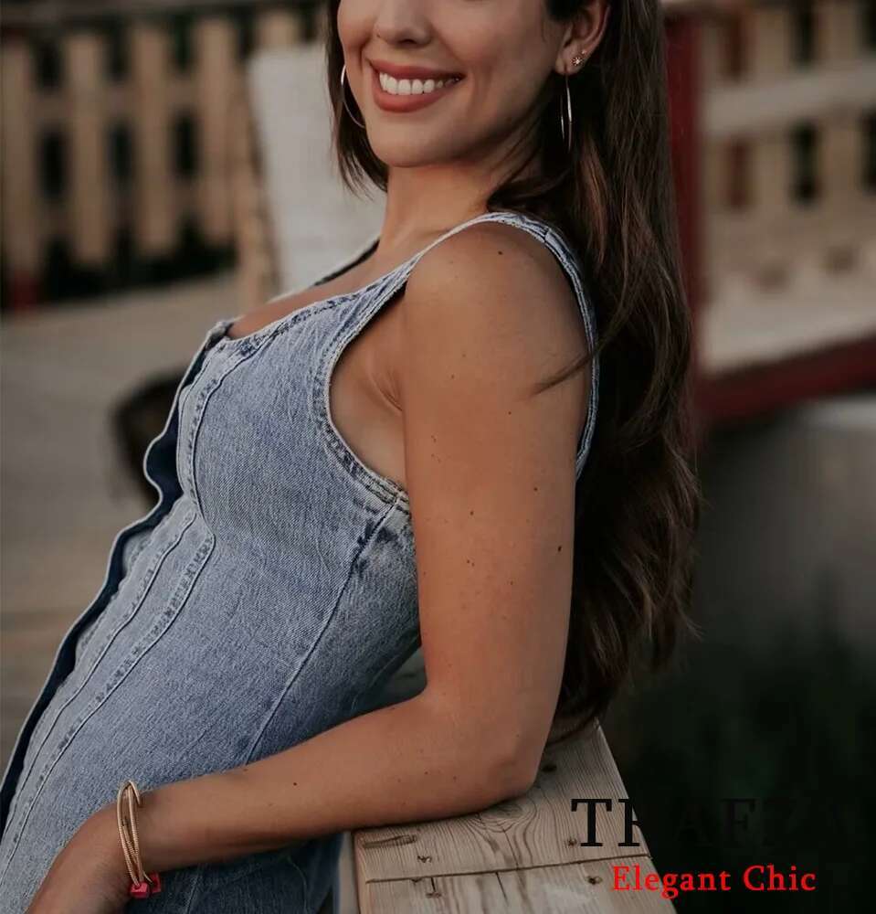 TRAFZA Casual Elegant Denim Halter Women's Buttons Slim New 2024 Summer Fashion Holiday Basic Dress