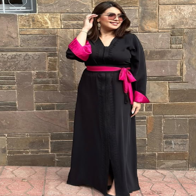 Elegant Black Moroccan Caftan Evening Dress With Lace Long Sleeve V Neck Hot Pink Sash Maxi Prom Dress Abaya Formal Robe De mariage 2025 Vestio De Gal