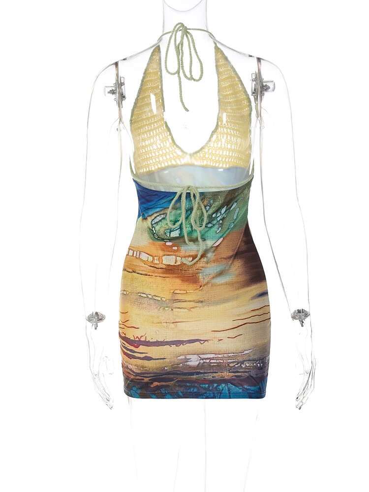 Huitar 2024 Spring Halter Knitted Scenery Print Backless Lace Up Sexy Mini Dress Women Fashion Clothes Beach Vacation Party