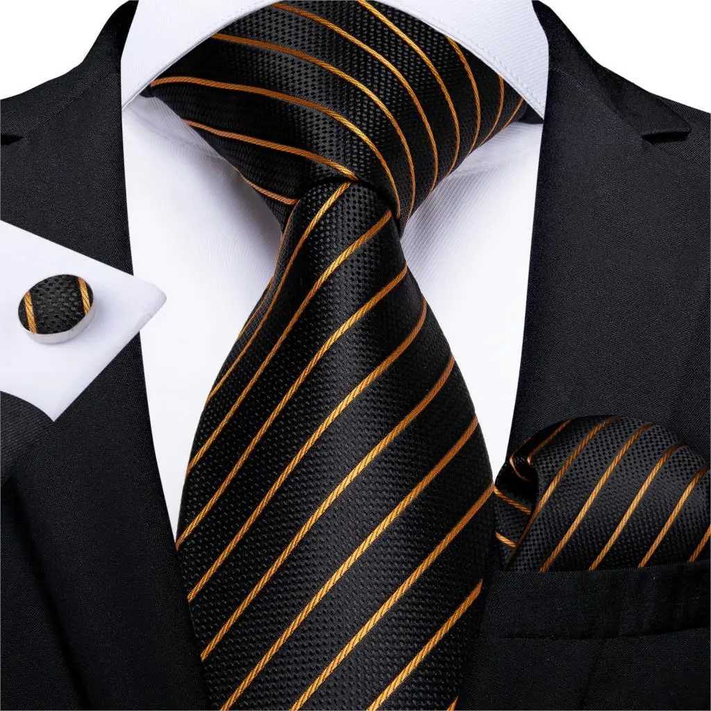 Fashion Men Tie Luxury Gold Blue Black Striped Paisley Silk Wedding Tie For Men DiBanGu Designer Hanky Cufflinks Gift Tie Set X250407