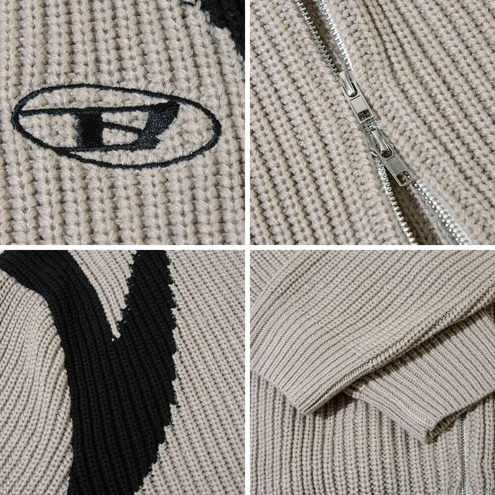 Contrast Paneled Mens Streetwear Cardigan Knitted Sweater Autumn Winter Loose Casual Long Sleeve Zipper Outerwear Men
