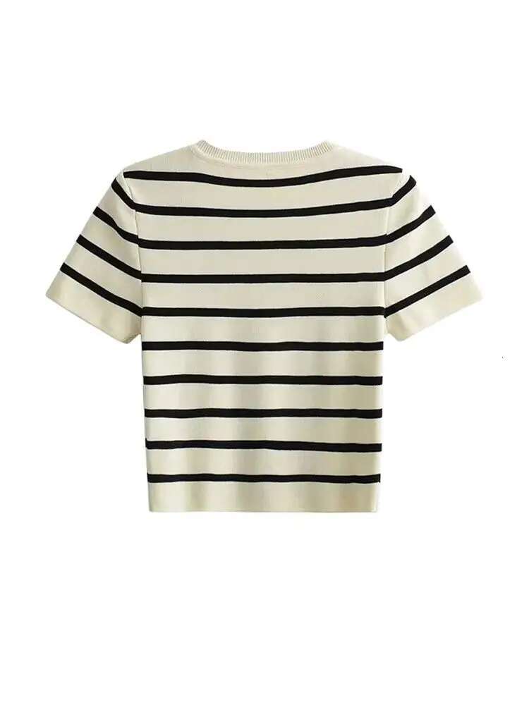 TRAF Women Fashion Striped Basic Cropped Knit Sweater Vintage O Neck Short Sleeve Female Pullovers Chic Tops