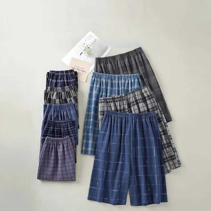 Summer New Cotton Plaid Pajamas Pants Adluts Home Loose Cotton Pajamas Mens Pajamas Elastic Waist Breathable Pj ShortsXJ250407