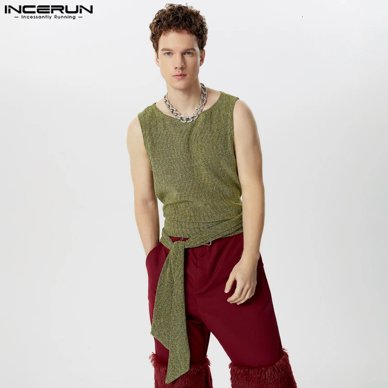 INCERUN Tops American style mens sparkling belt vest fashionable and sexy mens cut pleated sleeveless vest S-5XL 250402