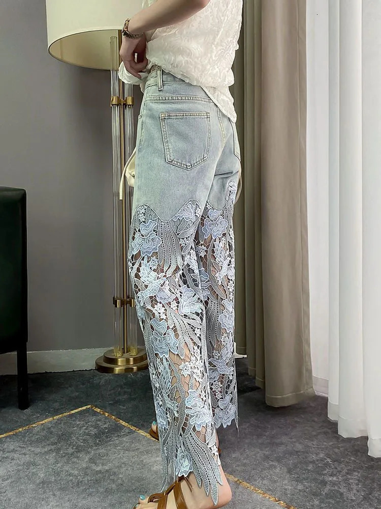 Select according to size chart Hollow lace panel wide leg high waist blue jeans for womens summer straight pants 250407