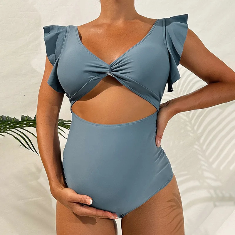 Matenrity Swimsuit Premama V Neck Hollow Out One-pieces Bathing Suit Pregnant Womens Beach Swimwear Bikinis 250407
