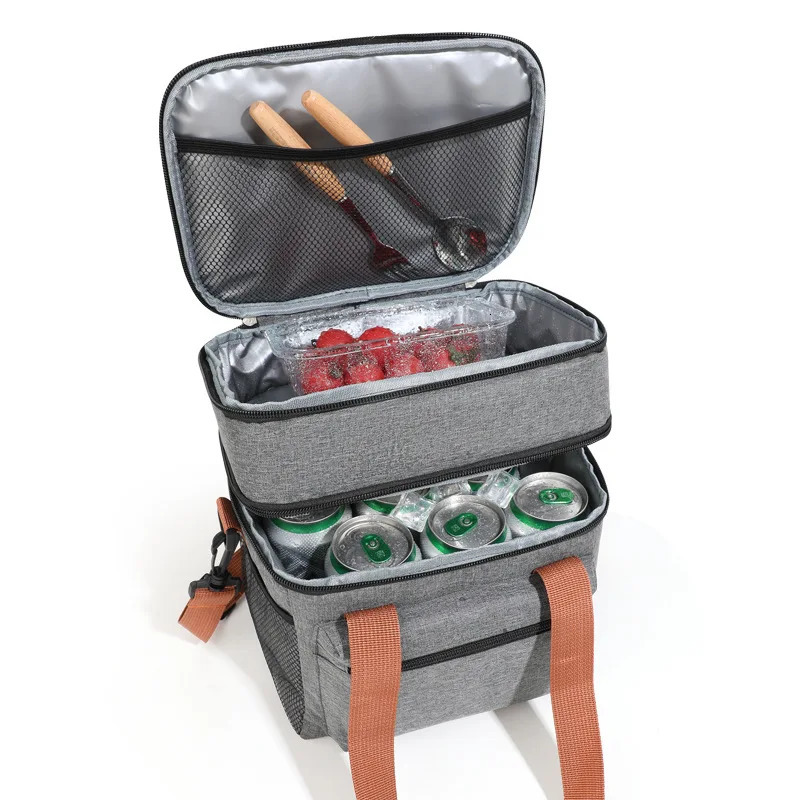 Multi functional doublelayer handbag cooler lunch bag suitable for women large capacity travel picnic box with shoulder strap 250401