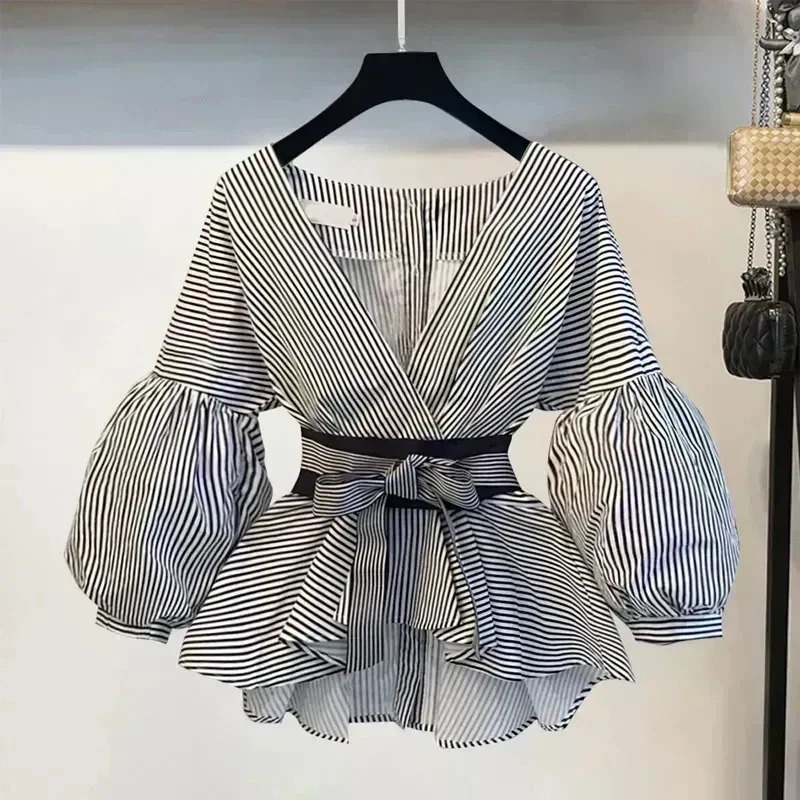 Women Elegant V-Neck Stripe Office Lady Suit Lantern Sleeve Bow Belt Trend Slim Casual Chiffon Shirt Top And Korean Ripped Jeans 250408