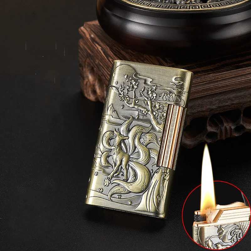 Vintage 3D relief side slider grinder wheel light original windproof Kerosene cigarette lighter giftXJ250407