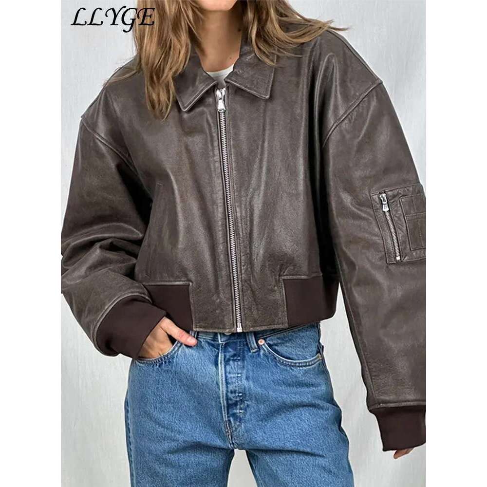 Short Leather Jacket Women Vintage Loose Lapel Long Sleeve Zipper Coat 2025 Spring Lady Locomotive High Street Outwear