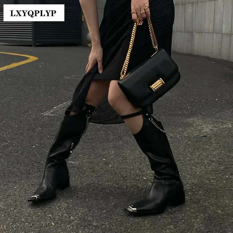 Fashion Europe Station New Thick Heel Square Gold Chain Knee High Nightclub Street Four Seasons Women's Boots