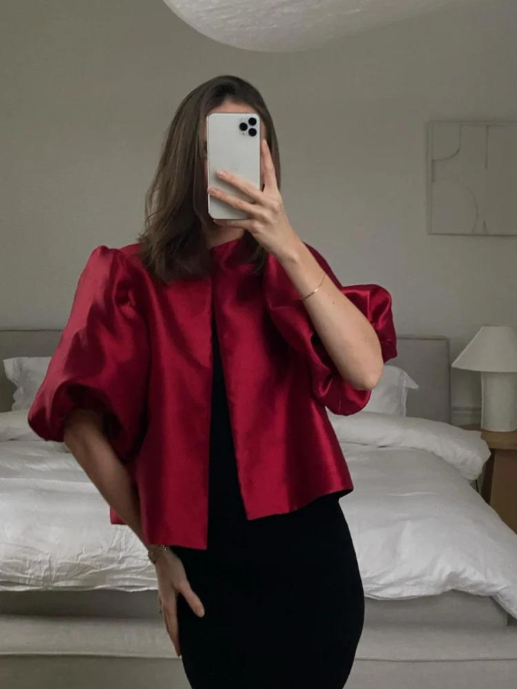 Womens Elegant Solid O-neck Satin Short Shirt Fashion Hidden Button Puff Half Sleeve Loose Top Womens Fashion Clothing 250402