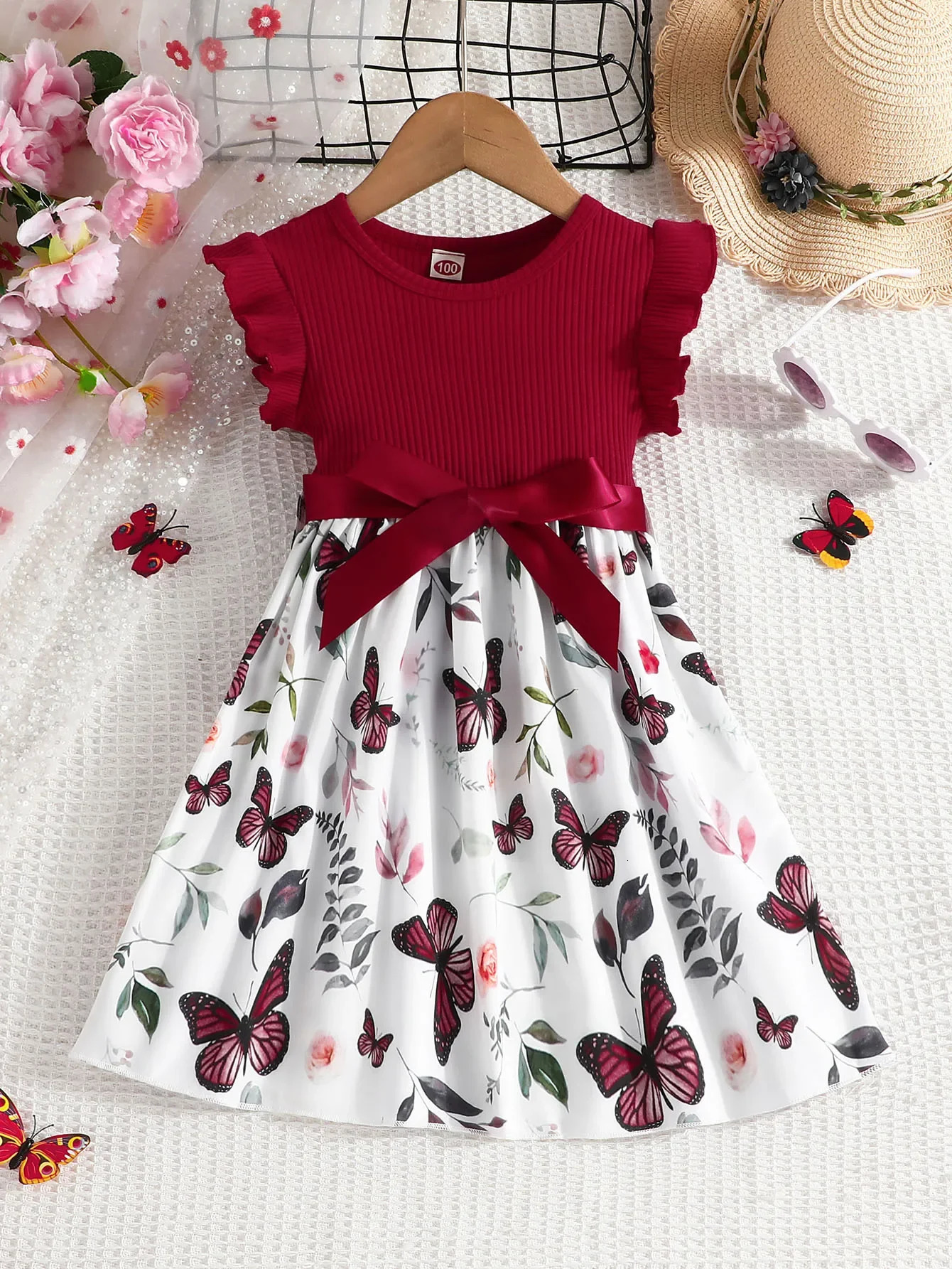 Set For Kids Girl 3-7 Years old Ruffled Sleeve Butterfly Floral Tulle Cute Princess Formal Dresses with Belt Ootd For Baby Girl 250408