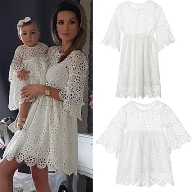 Family Matching Dress Mother And Daughter Long Sleeve Hollow Out White Dress For Girls And Women Party Summer Beach Dress 250407