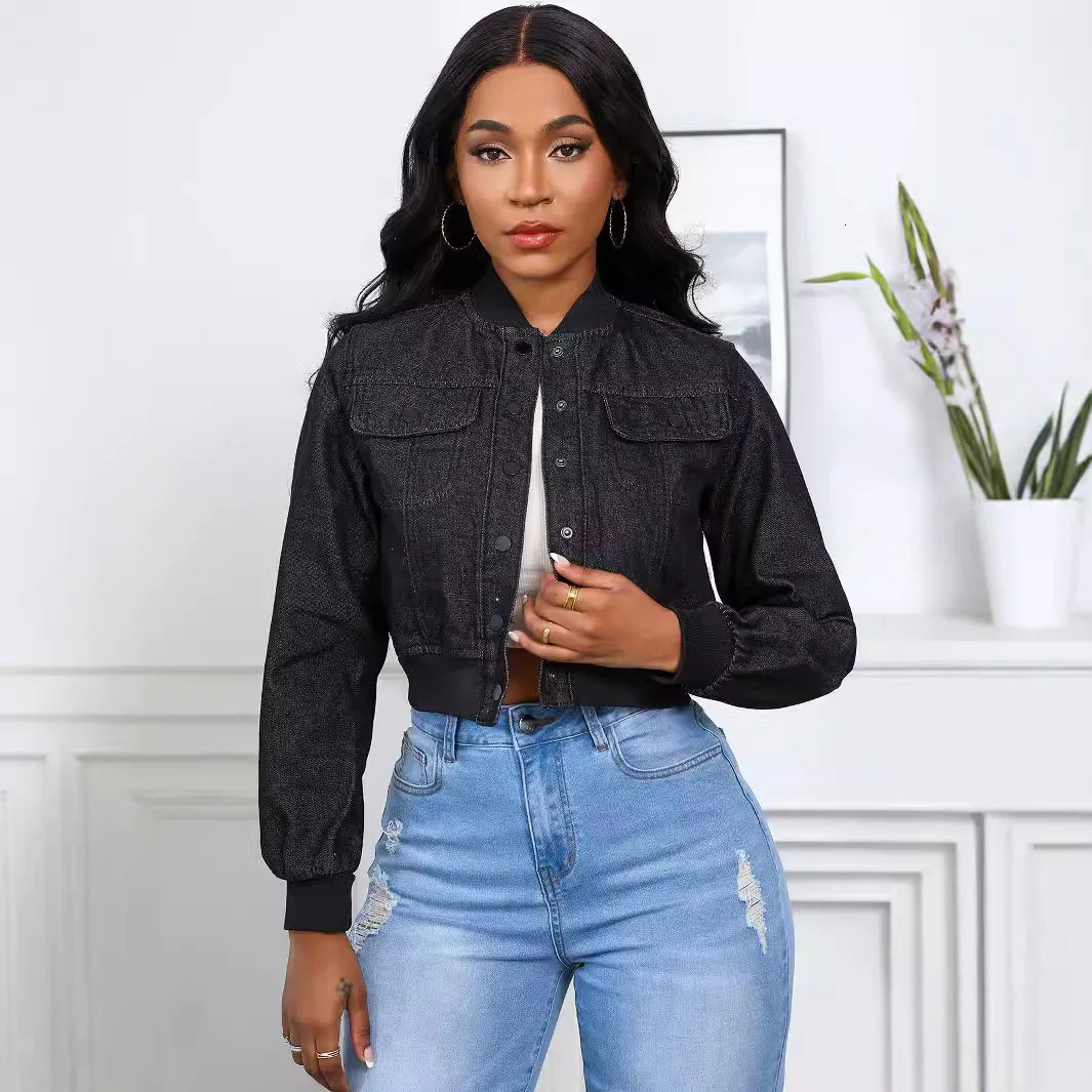 Denim jacket womens jeans casual streetwear long sleeved round neck pocket short single chest spring 250407