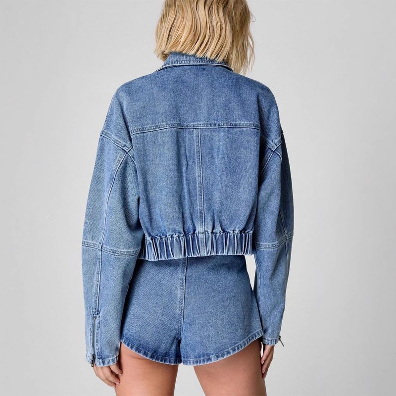 Womens Clothing Spring New Long Sleeve Denim Jacket Women's Loose Casual Multi Pocket Workwear Shorts Set