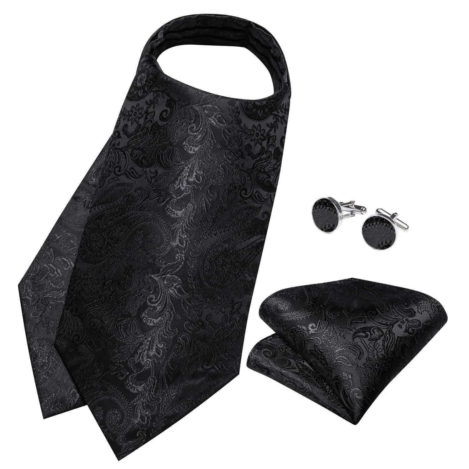Ascot Ties for Men Luxury Paisley Floral Blue Black Cravat Necktie and Handkerchief Cufflinks Wedding Business Suits Accessories X250407