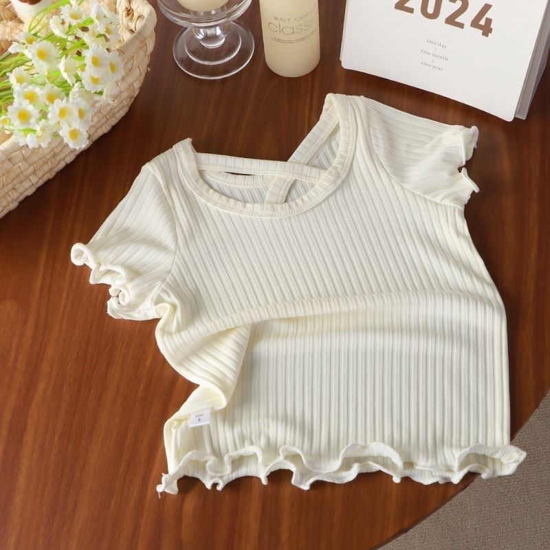 Ddmyshoesvip New Girls Short Sleeved Fashionable Women S Treasure Lotus Leaf Sleeves Korean Version Western Style Ice Silk T Shirt Lace Summer Solid C