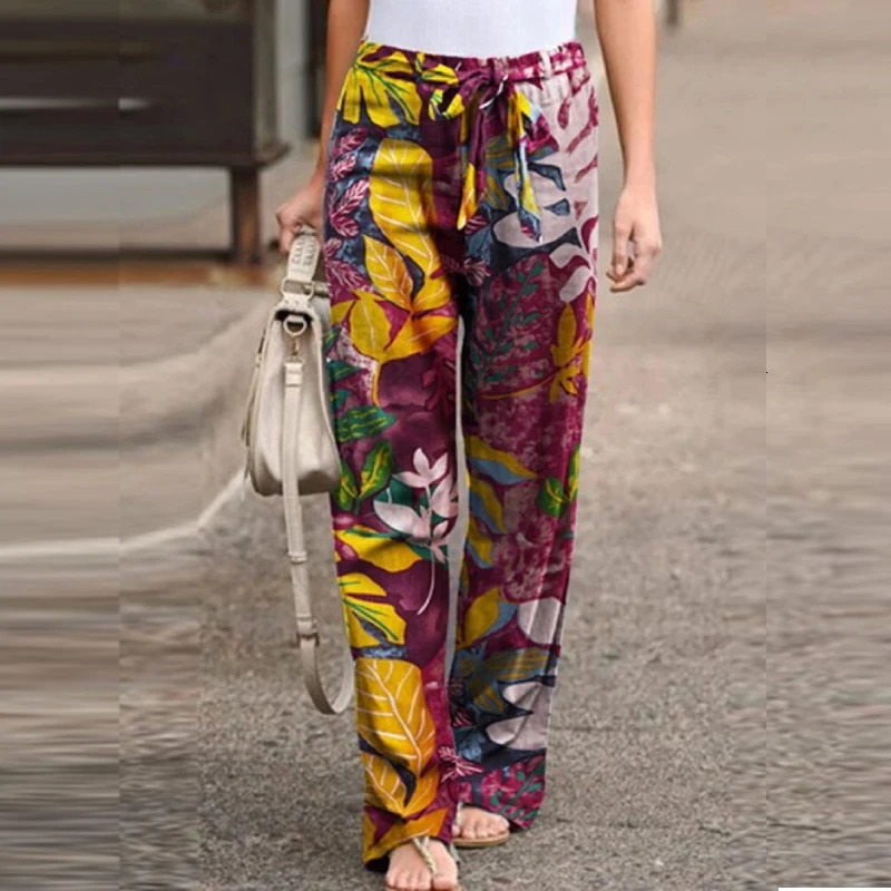 Vintage Women Drawstring Trousers Spring Autumn Fashion Floral Printed Wide Leg Pants Ladies Casual Loose Long Pantalones 250408