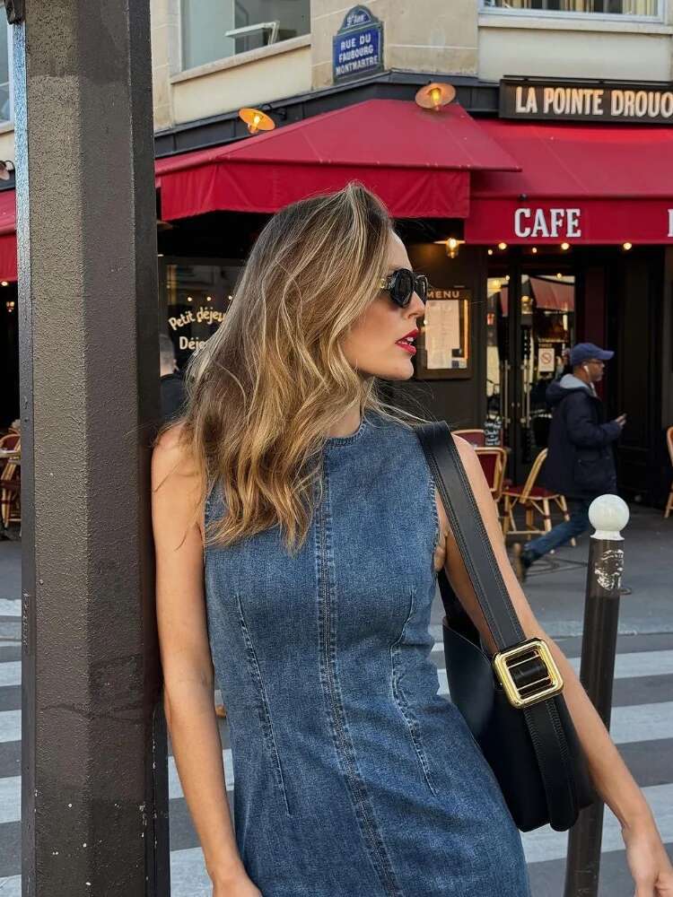 Denim Long Dresses for Women Sleeveless O Neck Midi Dress Slit Casual Commuting Robes 2025 Summer Female New Streetwear