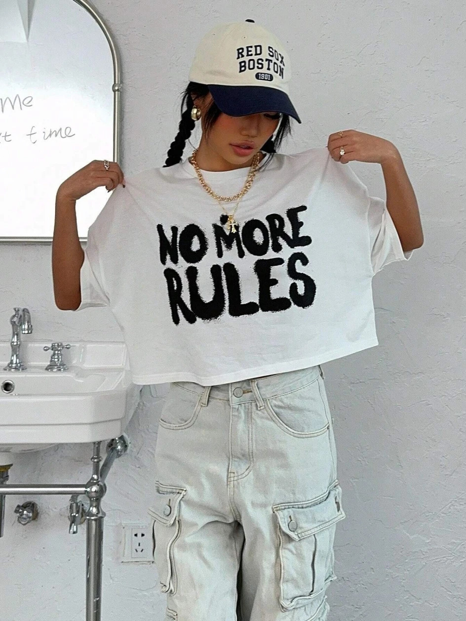 100% pure cotton womens crop Tshirt with no more rules letter printing top Oneck short sleeved summer fashion street clothing 250407