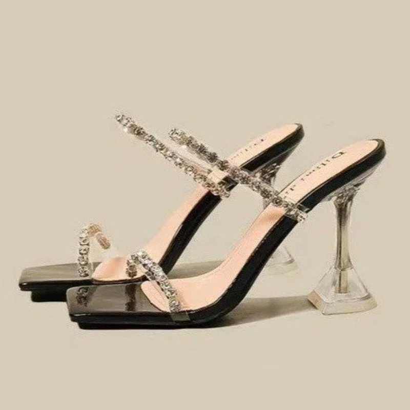 New summer sexy Fi open toe womens sandals water Diamd shiny square head banquet womens high heels big designXJ250407