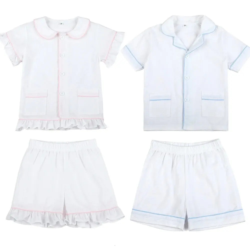 Ruffkids Summer Kids Pajamas Cotton Seersucker Sibling Matching Pjs Sleepwear Baby Clothes Loungewear Girls Boys Pyjamas Sets 250407