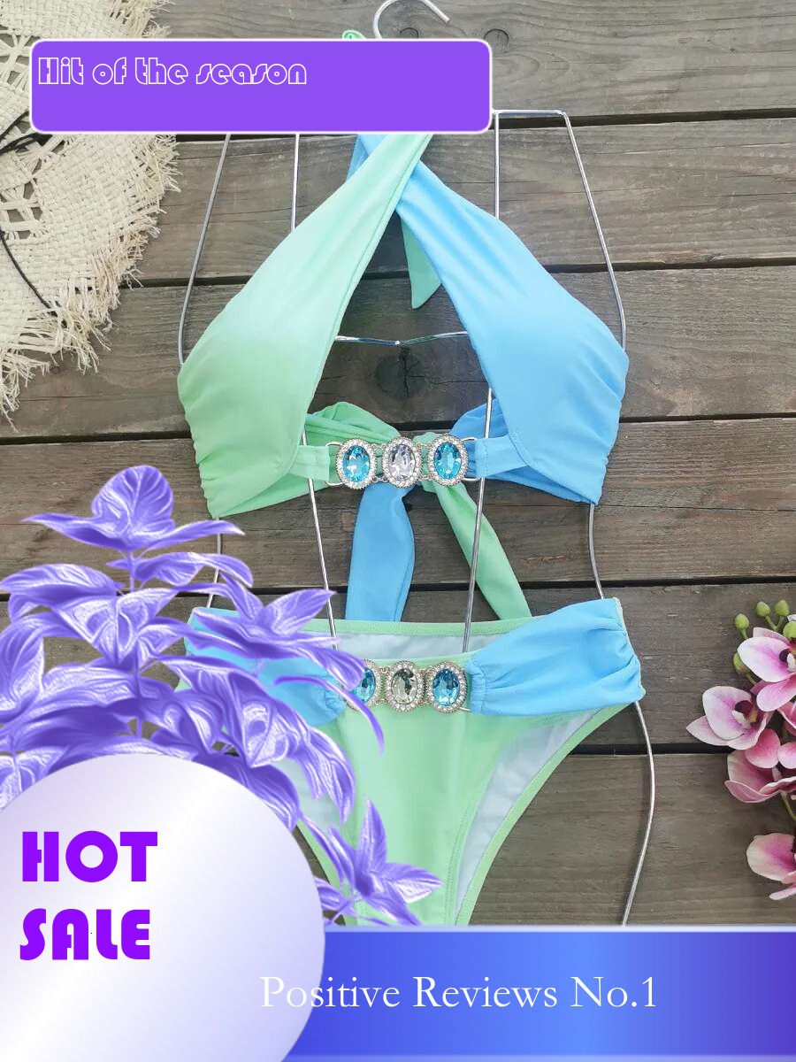 Dongdumaoyi Luxury Rhinestone Bikini Set Women Blue Patchwork Cross Diamond High Waist Swimsuit Beach Bathing Suit Swimwear Biquini