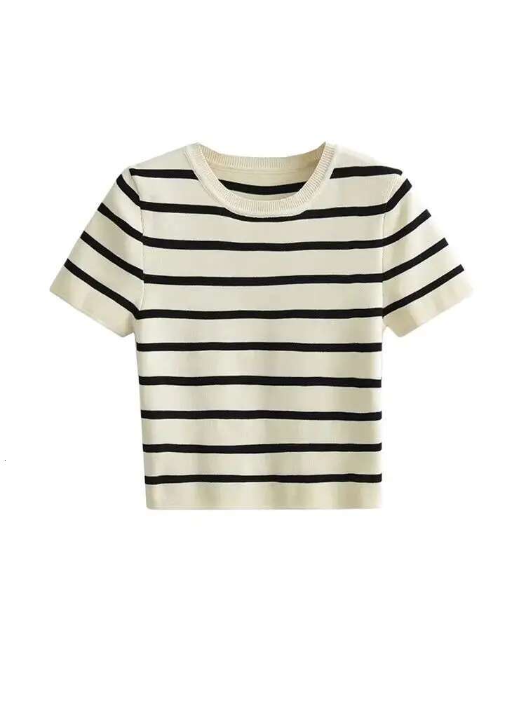 TRAF Women Fashion Striped Basic Cropped Knit Sweater Vintage O Neck Short Sleeve Female Pullovers Chic Tops