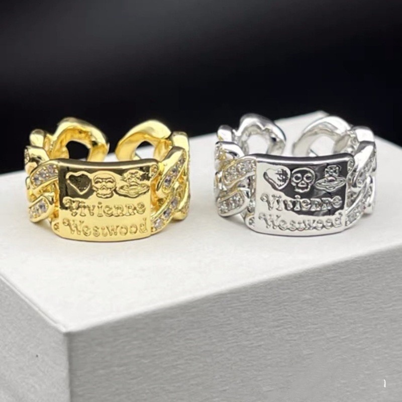 Designer Viviennen West Wood Internet Celebrity Empress Dowagers Love Skull Saturn Square Wide Face Ring with Metal Inlaid Diamonds and Gold Silver Hand Decoration