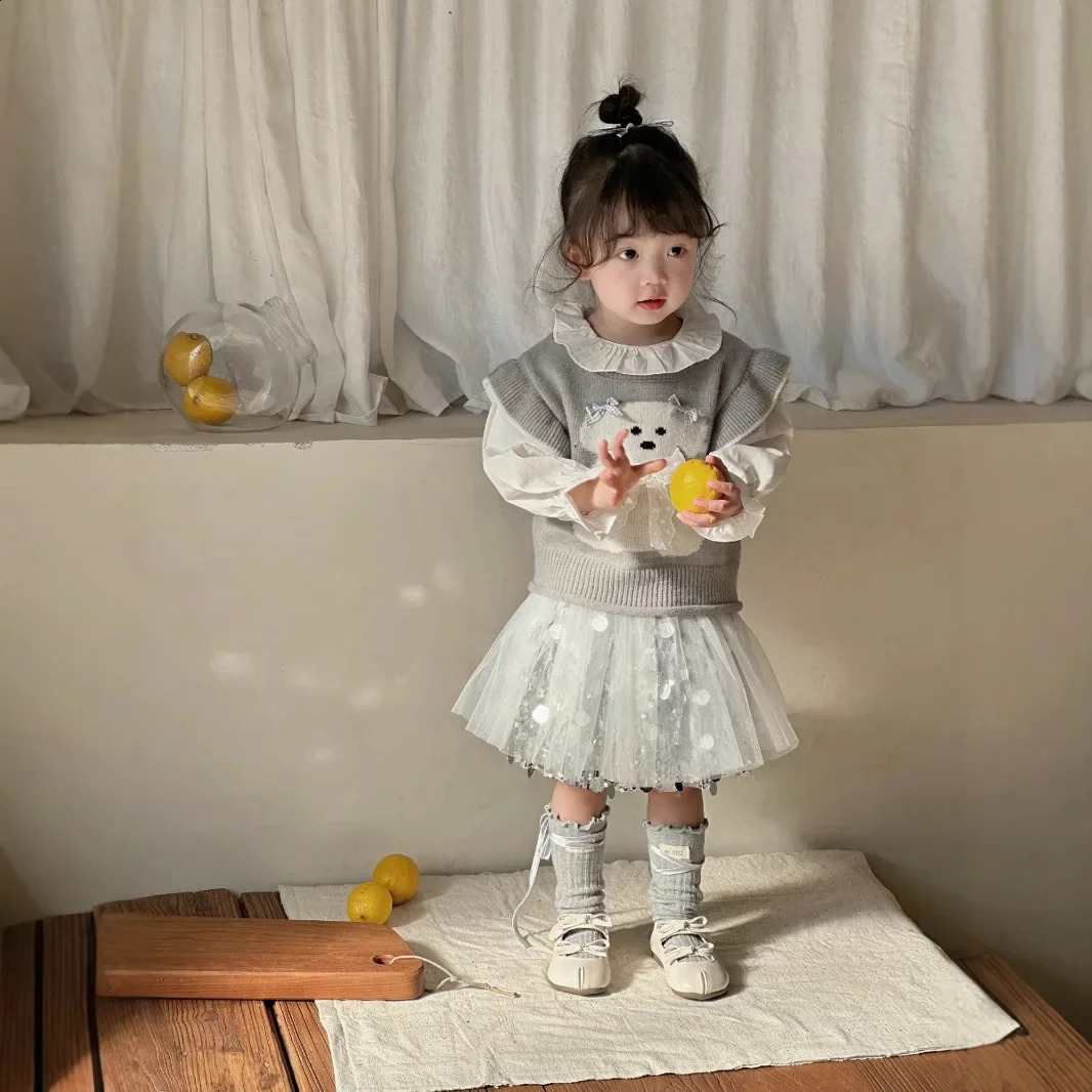 Girls Sequin Mesh Skirt 2025 Spring Korean Fashion Silver Sparkling Mesh Short Skirt Girls Clothes 250408