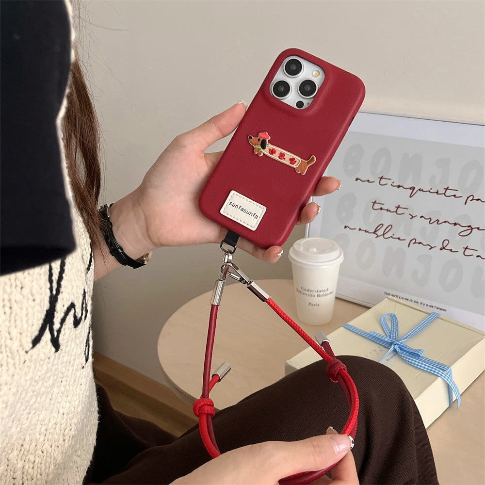 INS Embroidered Two-tone Lanyard Phone Case Compatible with iPhone 17/16/15 Niche Leather Case iPhone 14/13 Pro