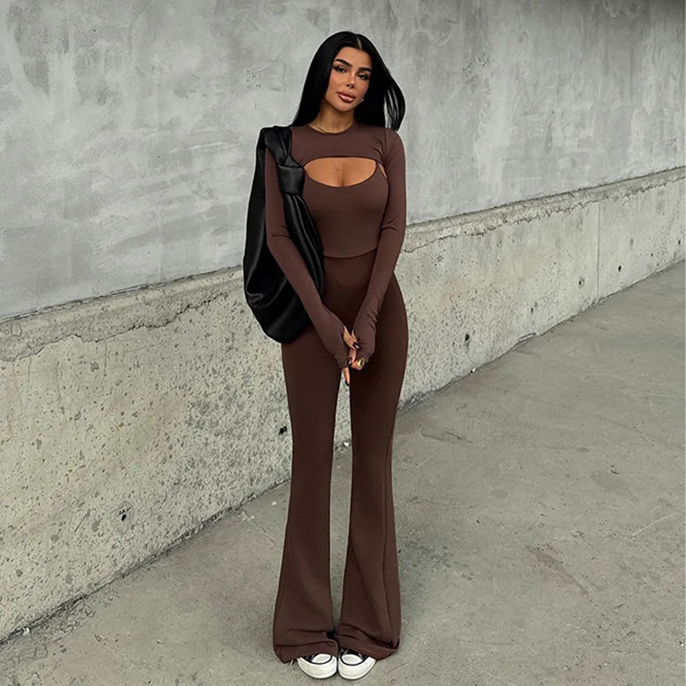 Womens slim fit shoulder strap jumpsuit fashionable and casual Oneck long sleeved solid color fitness sports Y2K 250407