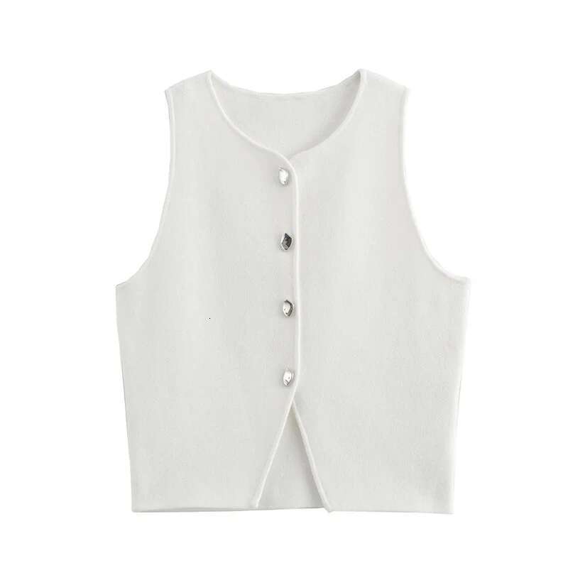 TRAF Cropped Knit Women Cardigan White Sleeveless Woman Fashion Button Knitted Sweater Vest Female Summer Short Tops