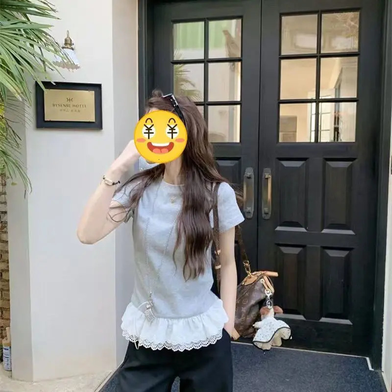 Femme Summer Korean Fashion Trend Patchwork Solid Color O-neck Short Sleeve Women Clothes All-match Lace Appear ThinSli T-Shirt 250408
