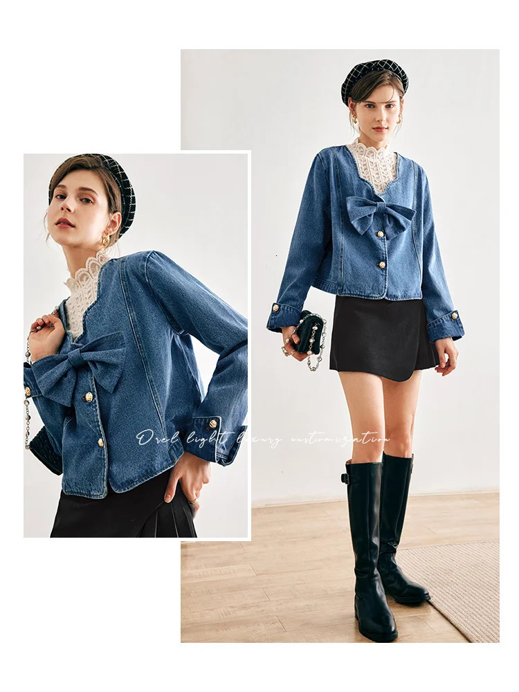 OLrain denim womens jacket spring cotton Petal collar metal bow long sleeved retro O22QW65202 250407