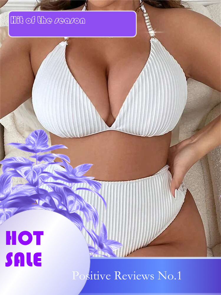 Dongdumaoyi Women Large Size Swimsuit Black White Pearls Strap Push Up High Waist Bikini Set Summer Beach Bathing Suit Swimwear Tankini