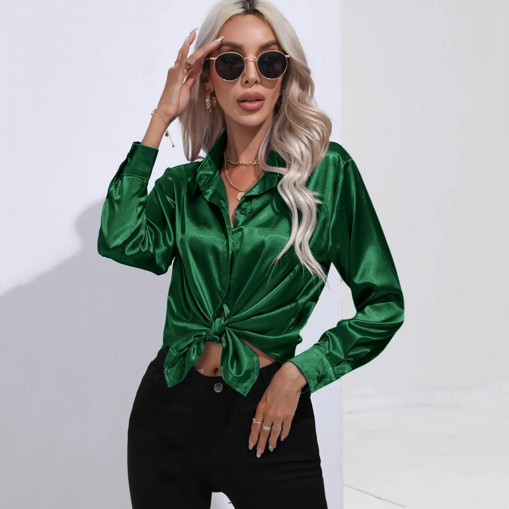 Elegant womens satin long sleeved OL green white shirt for spring and summer solid office womens lapel button up shirt womens clothing 250402