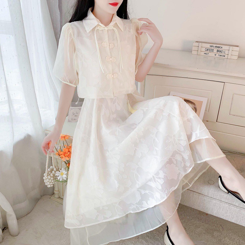 P5260 Temperament skirt female summer 2024 cheongsam improved button top suspender dress