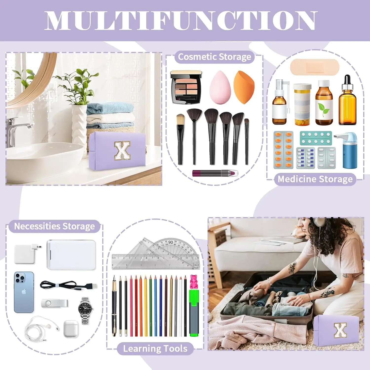 Purple Embroidered Letter Storage Travel Wash Lipstick Makeup Tool Sorting Bag Multi Functional Ljx