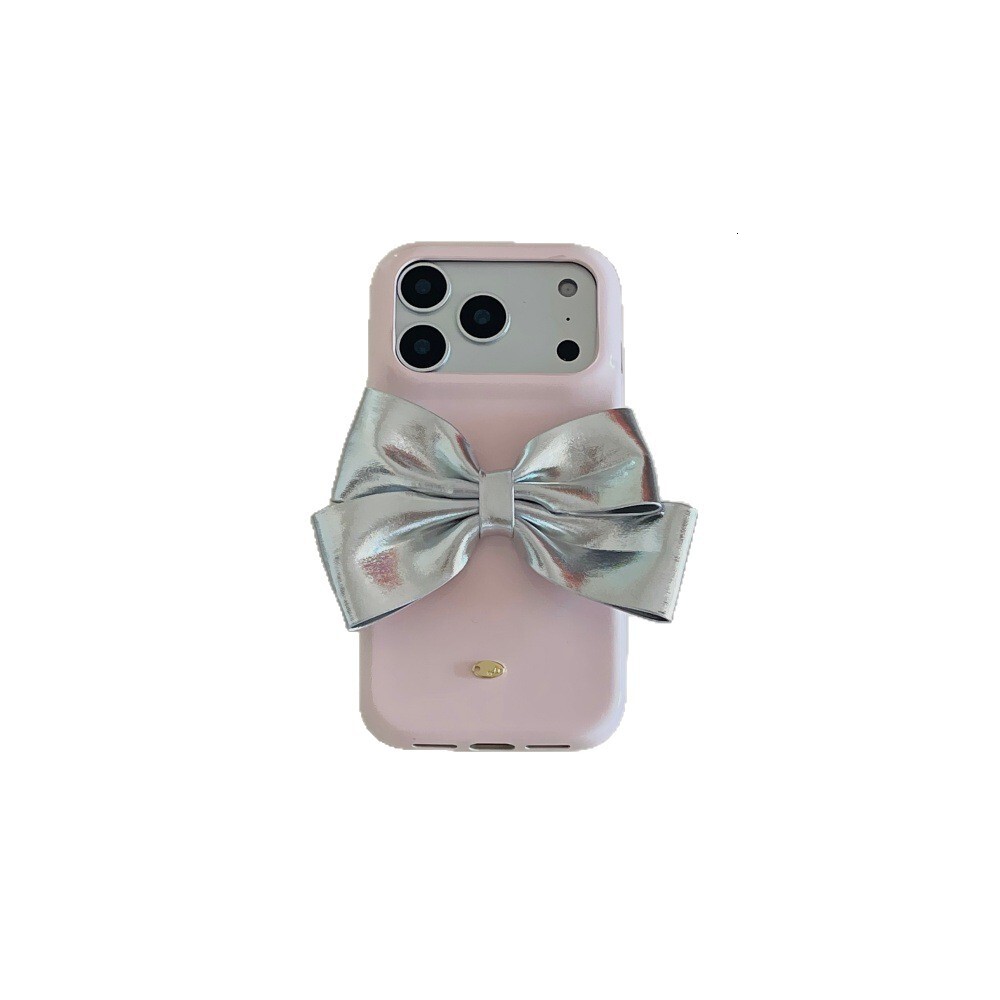 Leather Pink Bowknot Phone Case Compatible with iPhone 17 Pro Max Simple Solid Color Case iPhone 16/15 Pro Cartoon
