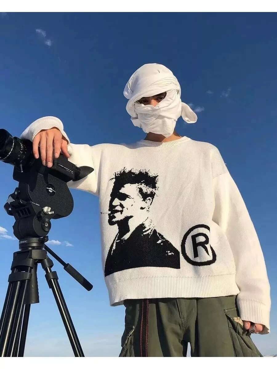 Men's y2k unisex fight club Loose Oversized Long Sleeve Y2K Streetwear 90s Vintage Print O Neck Pullover Sweater