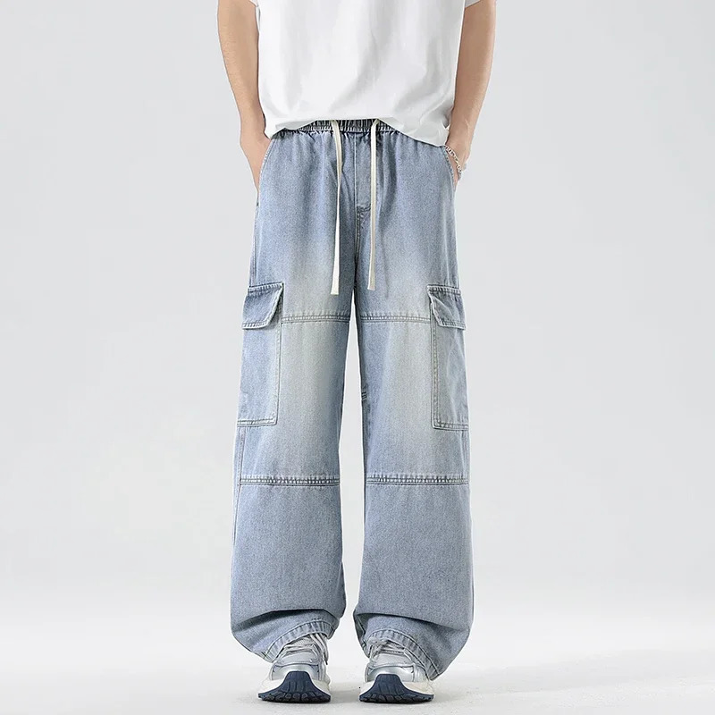 Mens Work Jeans Spring Collection Elastic Waist Pants Loose Straight Wide Legs Street Hip Hop Backpack Fashion 250408